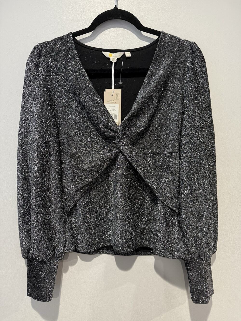 NWT Boden Womens US 10 Black Silver Metallic Twist Front Sparkle Party Blouse